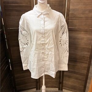 Chico's White Eyelet-Sleeve Button Down Shirt
